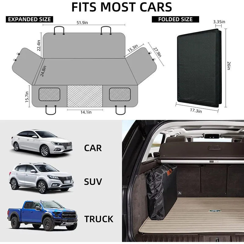 Black waterproof car dog bed cushion on rear seats protecting against pet mess
