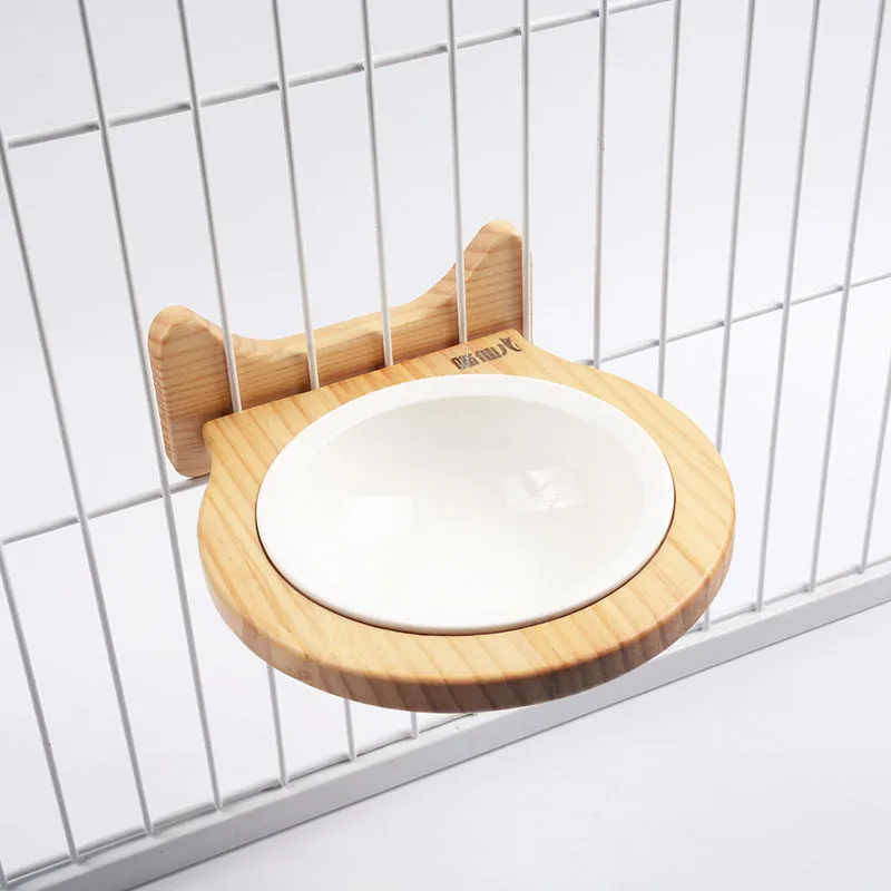 Ceramic cage wall bowl with solid wood stand, 14.6cm diameter, for pets