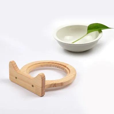 Ceramic cage wall bowl with solid wood stand, 14.6cm diameter, for pets