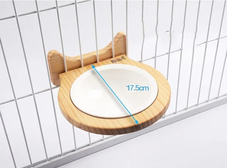 Ceramic cage wall bowl with solid wood stand, 14.6cm diameter, for pets