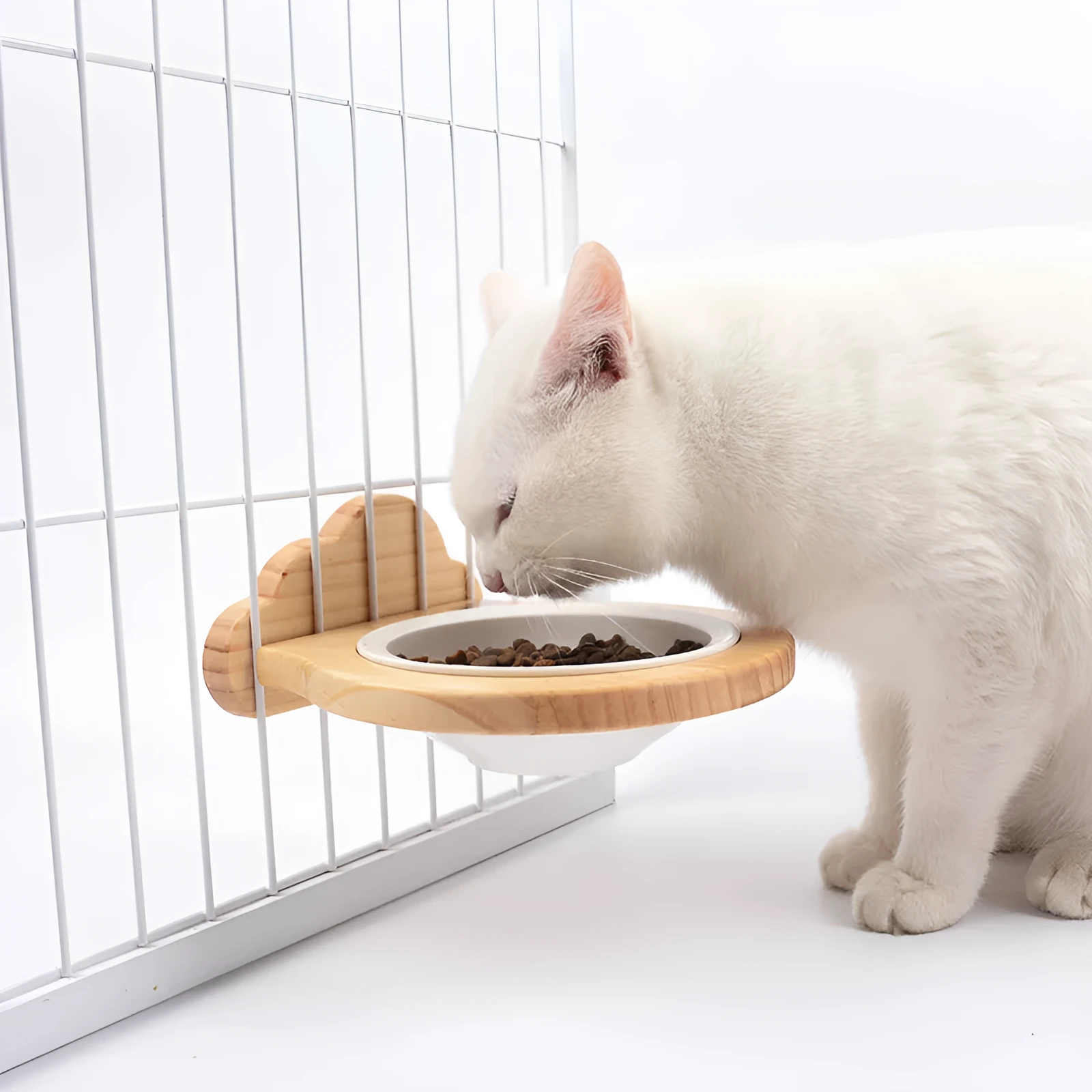 Ceramic cage wall bowl with solid wood stand, 14.6cm diameter, for pets