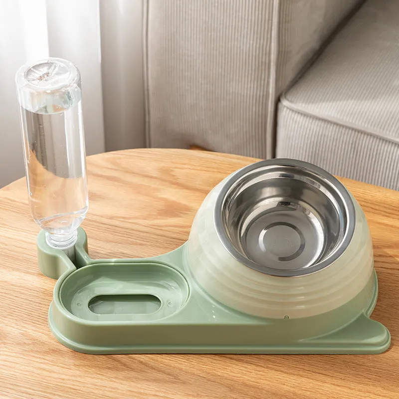Elevated cat food bowl with automatic water dispenser in food-grade materials