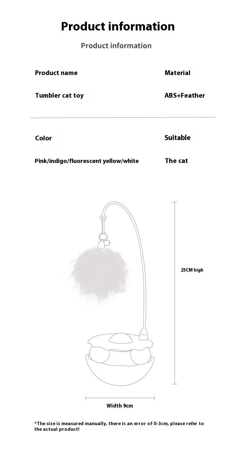 Cat interactive tumbler toy with feather wand and catnip ball on floor for kitten exercise