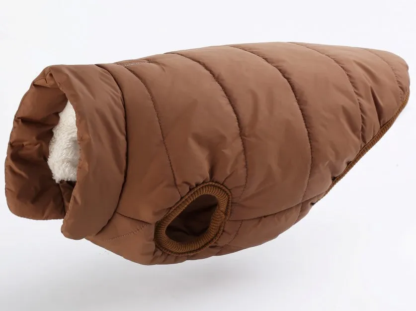 Warm waterproof polyester dog coat in brown with reflective trim for autumn winter outdoor walks