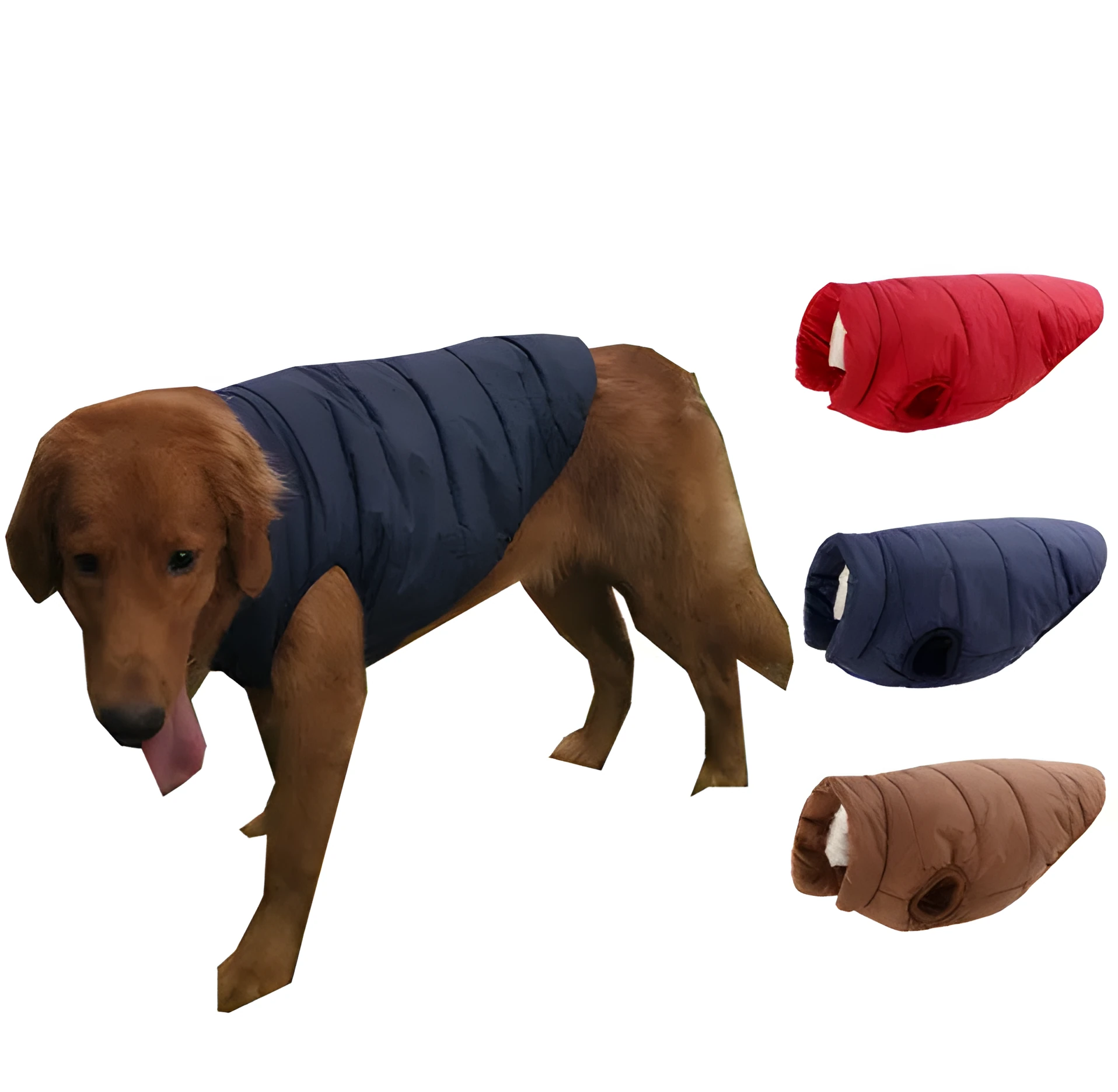 Warm waterproof polyester dog coat in brown with reflective trim for autumn winter outdoor walks