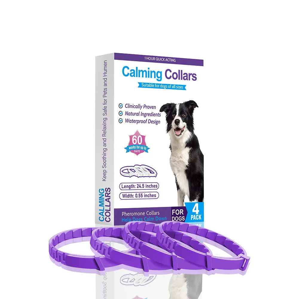 Pack of four soft TPR dog anxiety relief collars in various colours, showing the monochrome Chinese style pattern.