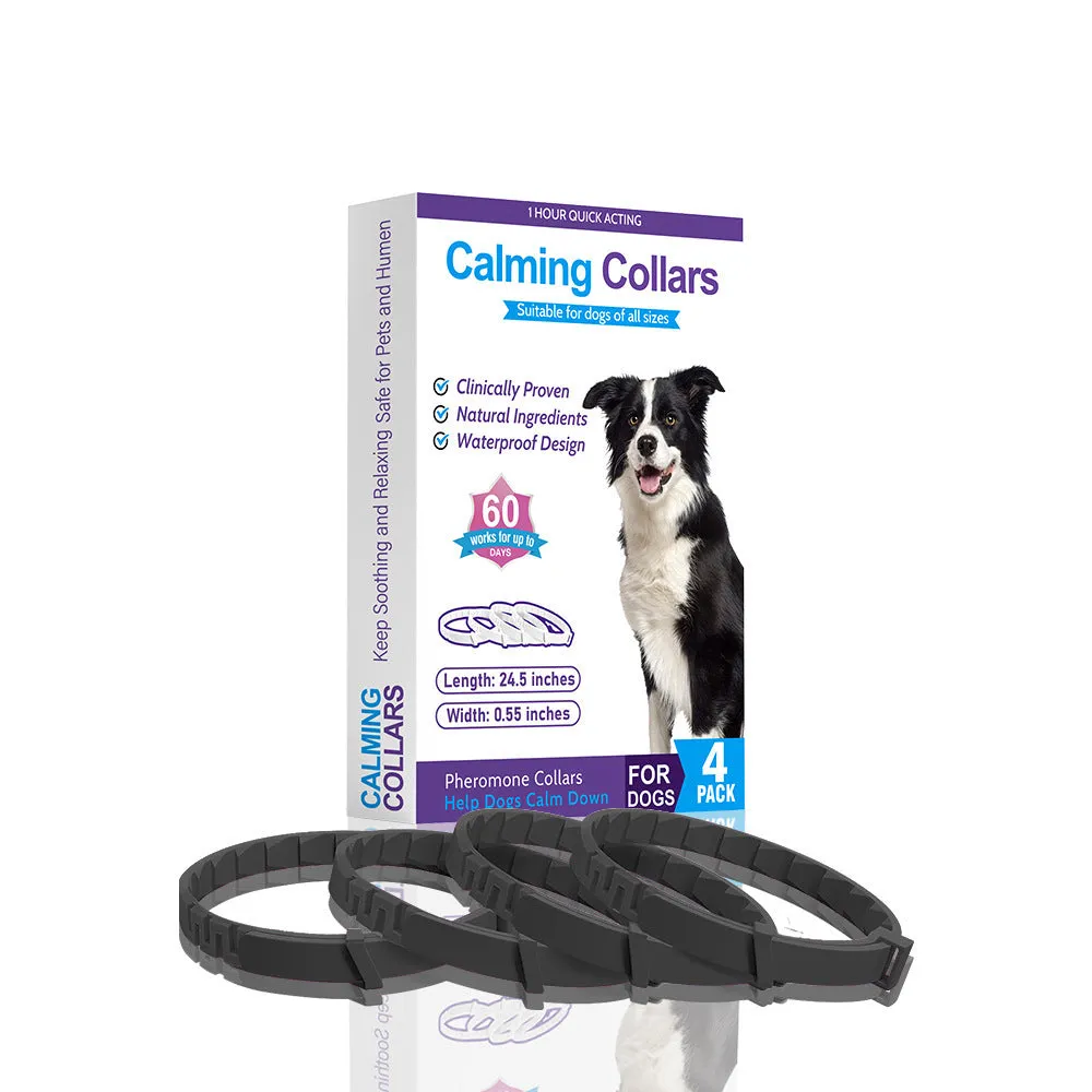 Pack of four soft TPR dog anxiety relief collars in various colours, showing the monochrome Chinese style pattern.