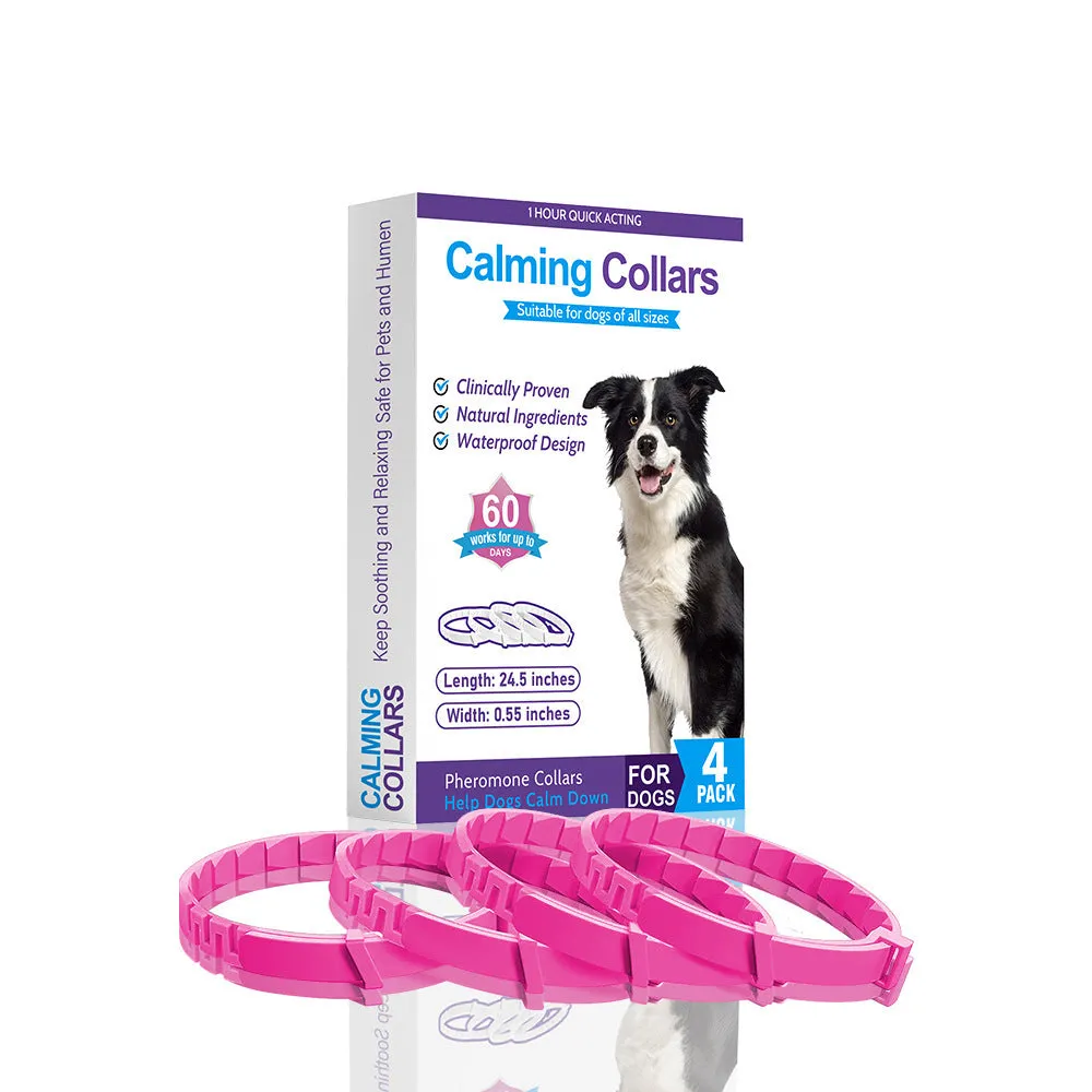 Pack of four soft TPR dog anxiety relief collars in various colours, showing the monochrome Chinese style pattern.