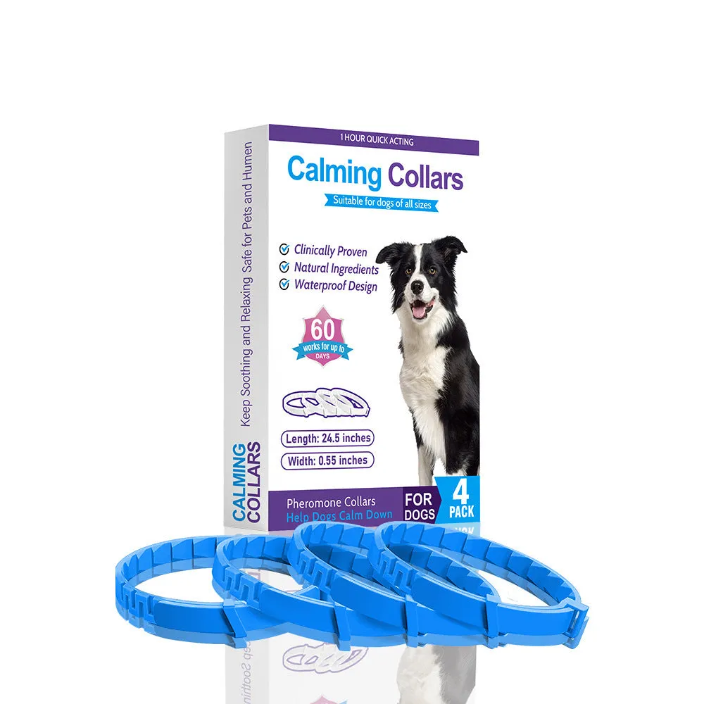 Pack of four soft TPR dog anxiety relief collars in various colours, showing the monochrome Chinese style pattern.