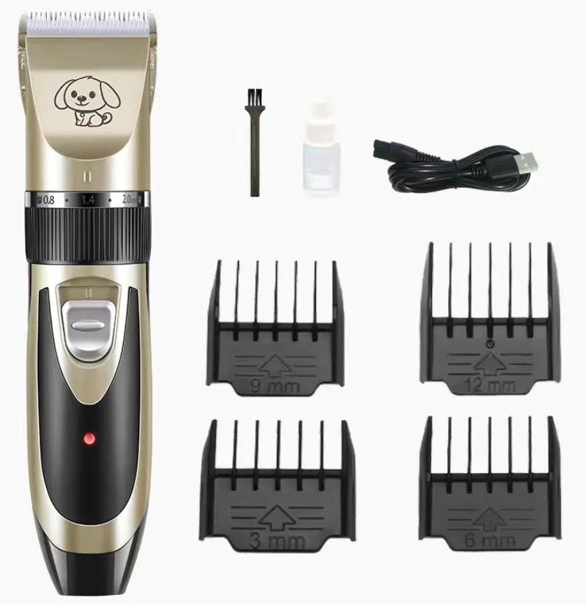 USB rechargeable low noise pet clipper with titanium ceramic blade, golden yellow, 5 speed settings, 4 limit combs