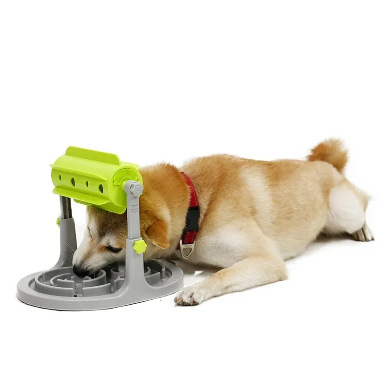 Blue rotatable slow feeder dog toy made of ABS plastic, top view showing leakage holes