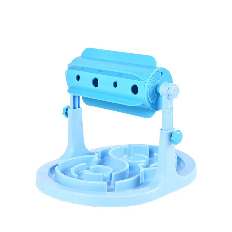 Blue rotatable slow feeder dog toy made of ABS plastic, top view showing leakage holes