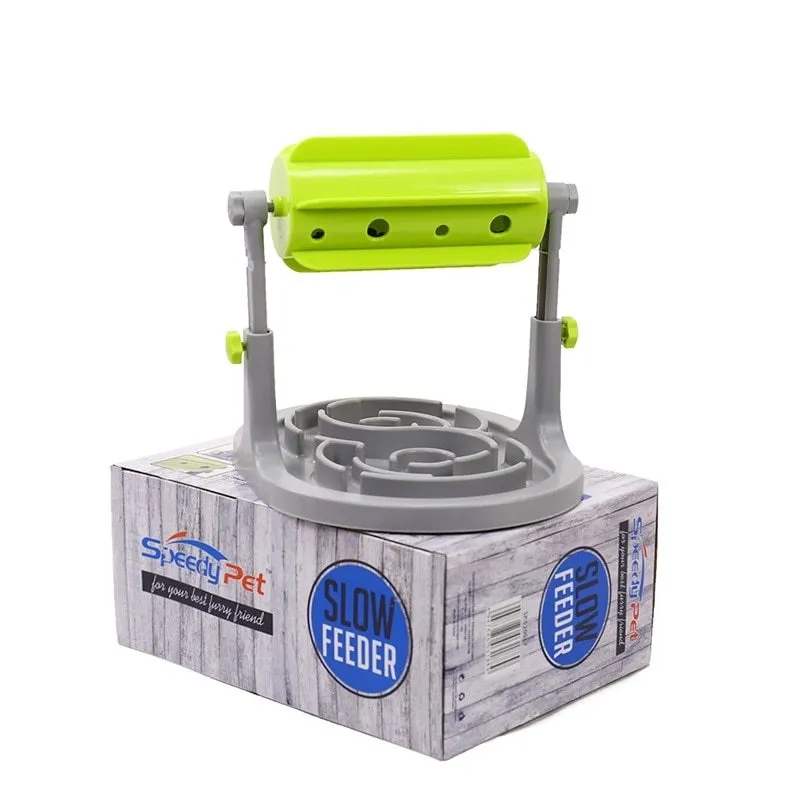 Blue rotatable slow feeder dog toy made of ABS plastic, top view showing leakage holes