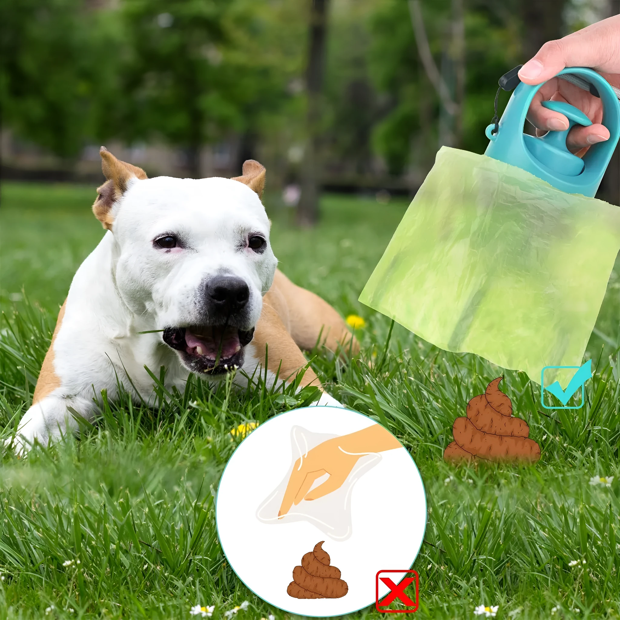 Blue portable dog poop scooper with built-in bag dispenser, clipped to a dog leash