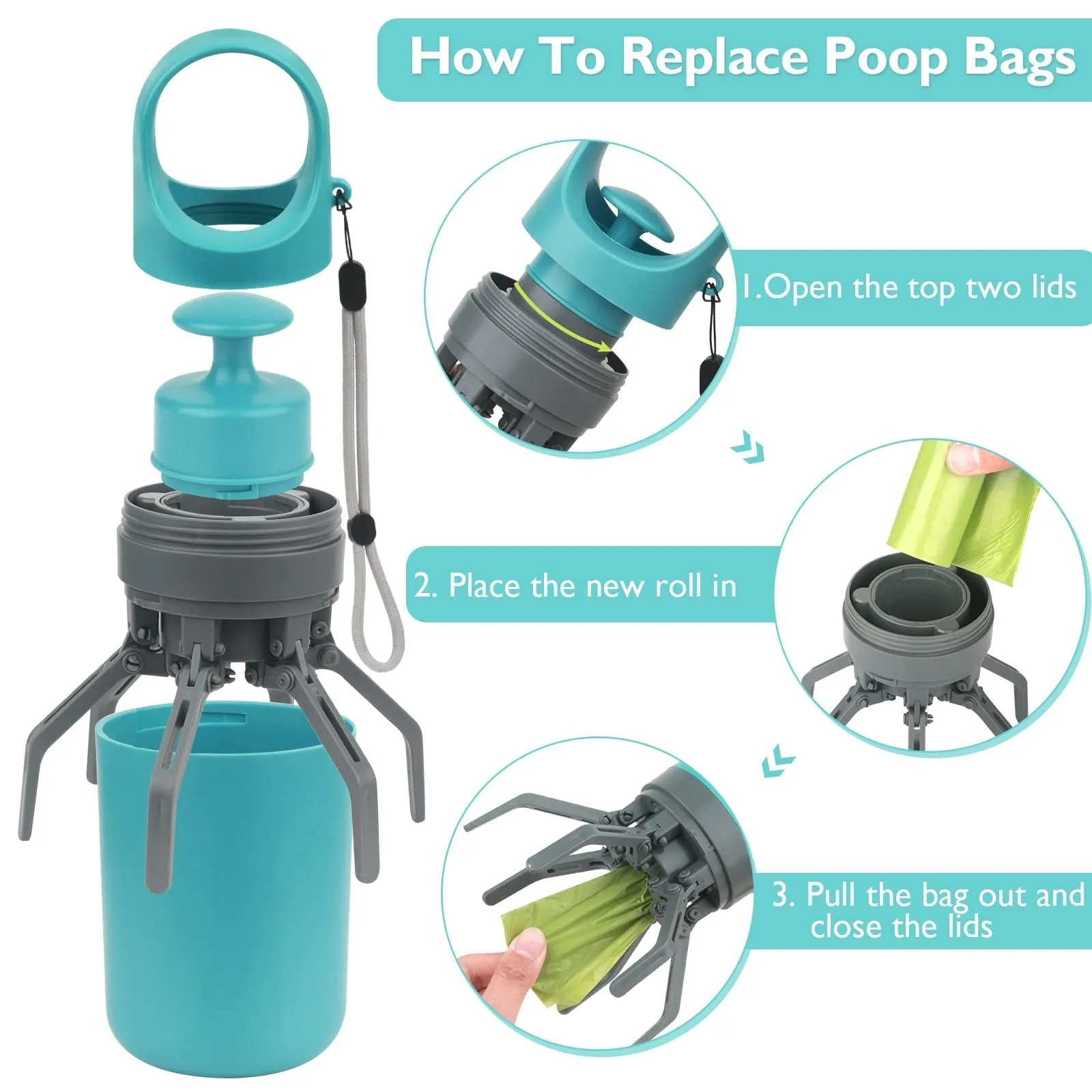 Blue portable dog poop scooper with built-in bag dispenser, clipped to a dog leash
