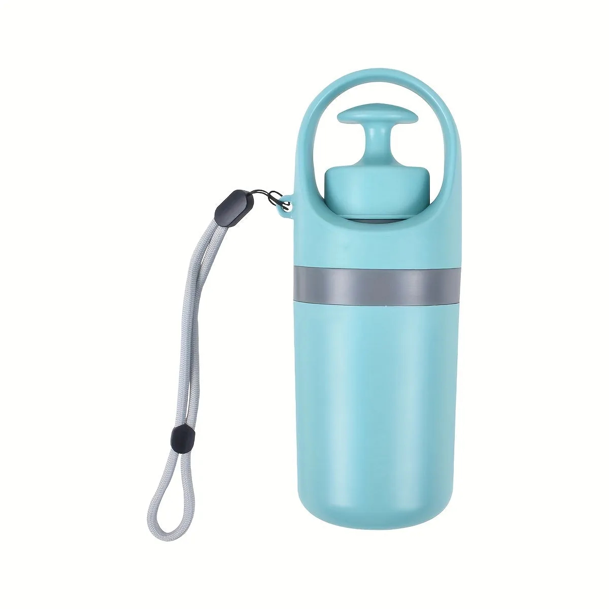 Blue portable dog poop scooper with built-in bag dispenser, clipped to a dog leash