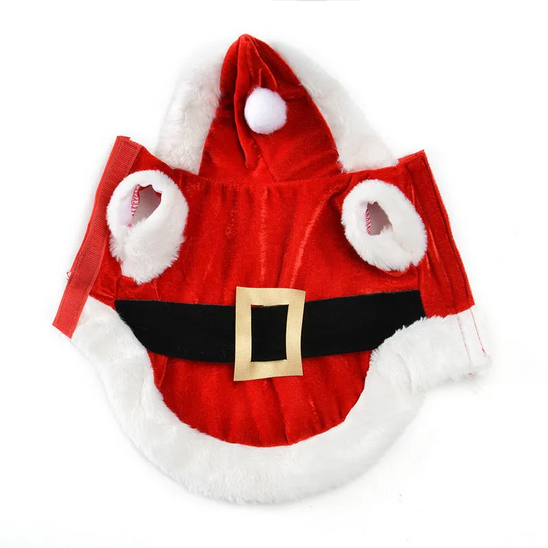 Red dog Christmas costume with faux fur trim shown on a dog, available in sizes XS to L with measured back lengths.