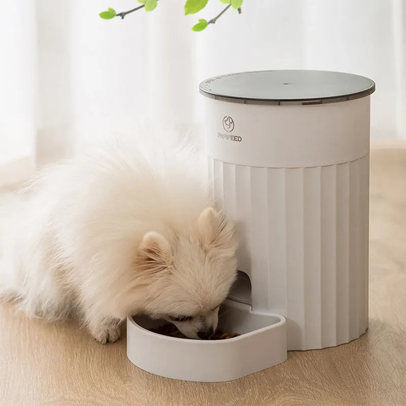 White PP cat automatic pet feeder with WIFI control, side view showing button panel and food tray