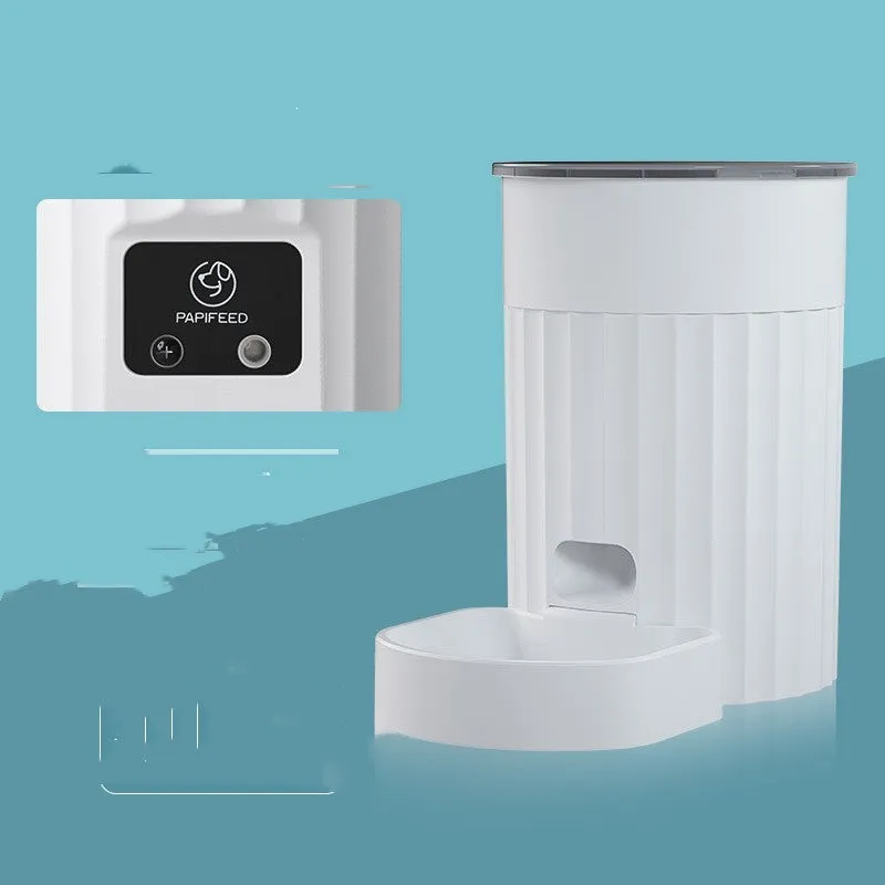 White PP cat automatic pet feeder with WIFI control, side view showing button panel and food tray