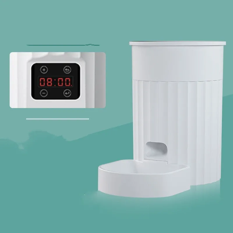 White PP cat automatic pet feeder with WIFI control, side view showing button panel and food tray