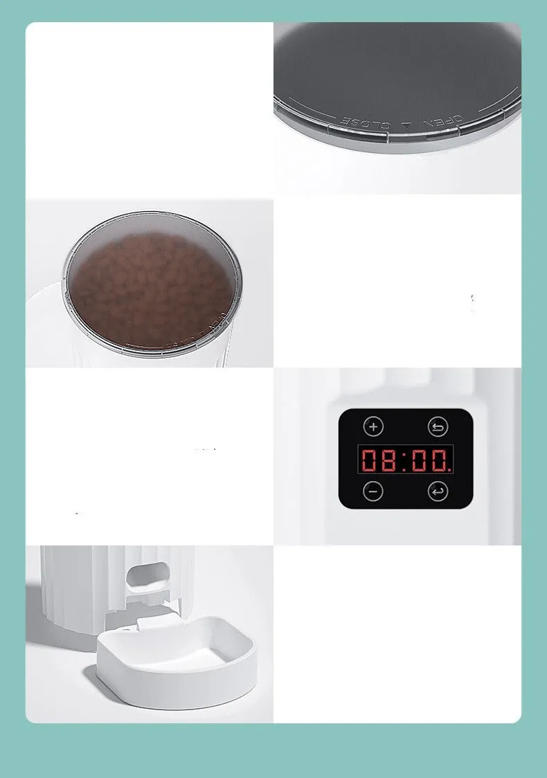 White PP cat automatic pet feeder with WIFI control, side view showing button panel and food tray