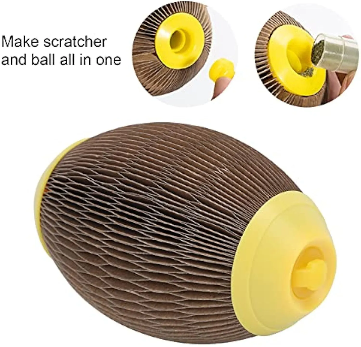 Elliptical corrugated paper catnip ball toy for scratching and play