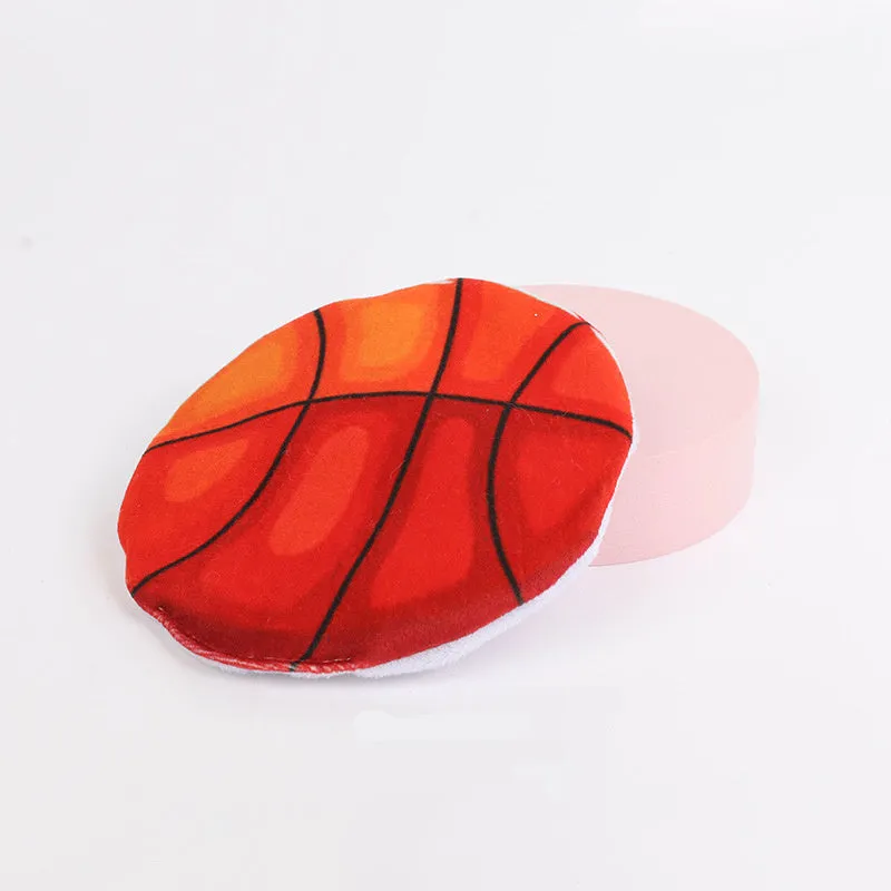 Soft plush cat flying disc toy with sports ball pattern, measuring 5cm