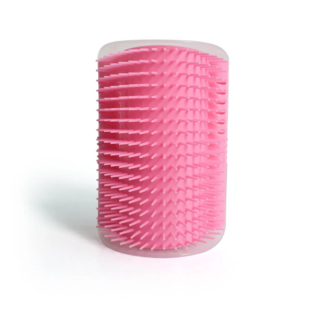 Cat grooming brush attached to wall corner with catnip for pet massage and shedding removal