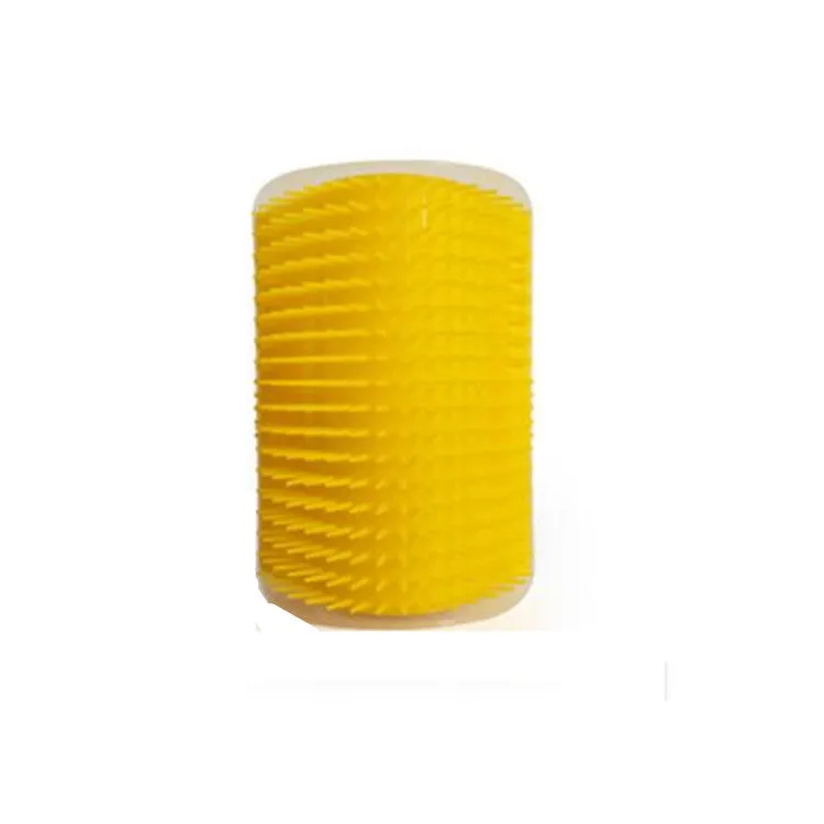 Cat grooming brush attached to wall corner with catnip for pet massage and shedding removal