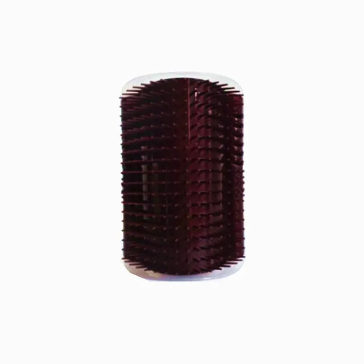 Cat grooming brush attached to wall corner with catnip for pet massage and shedding removal