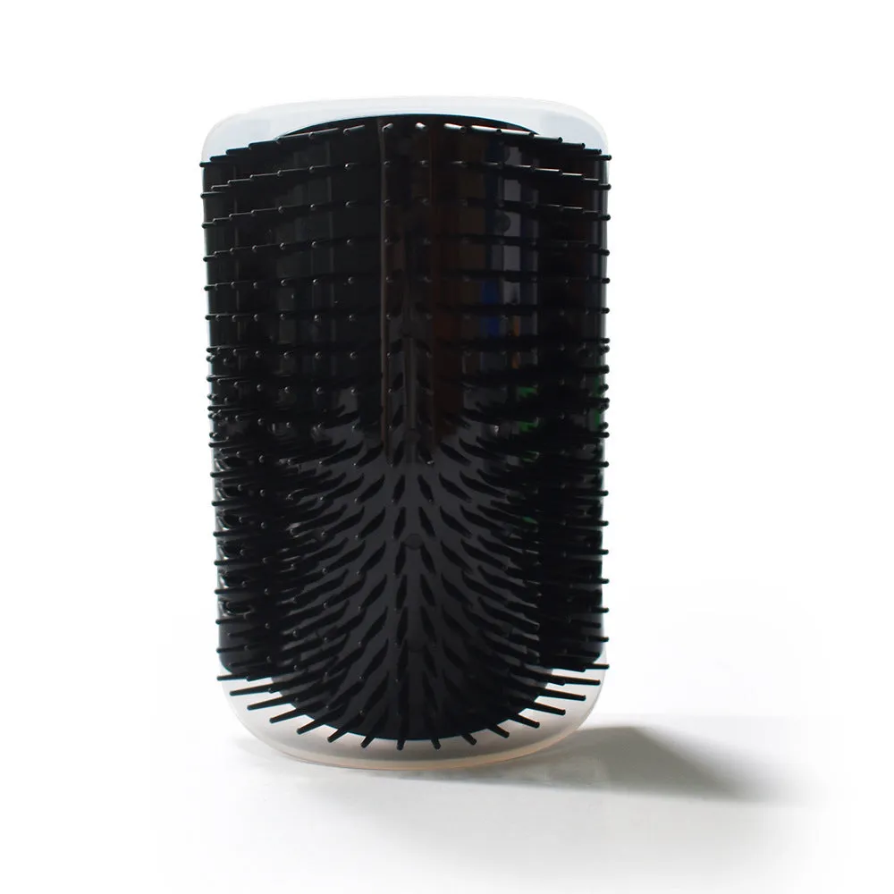 Cat grooming brush attached to wall corner with catnip for pet massage and shedding removal