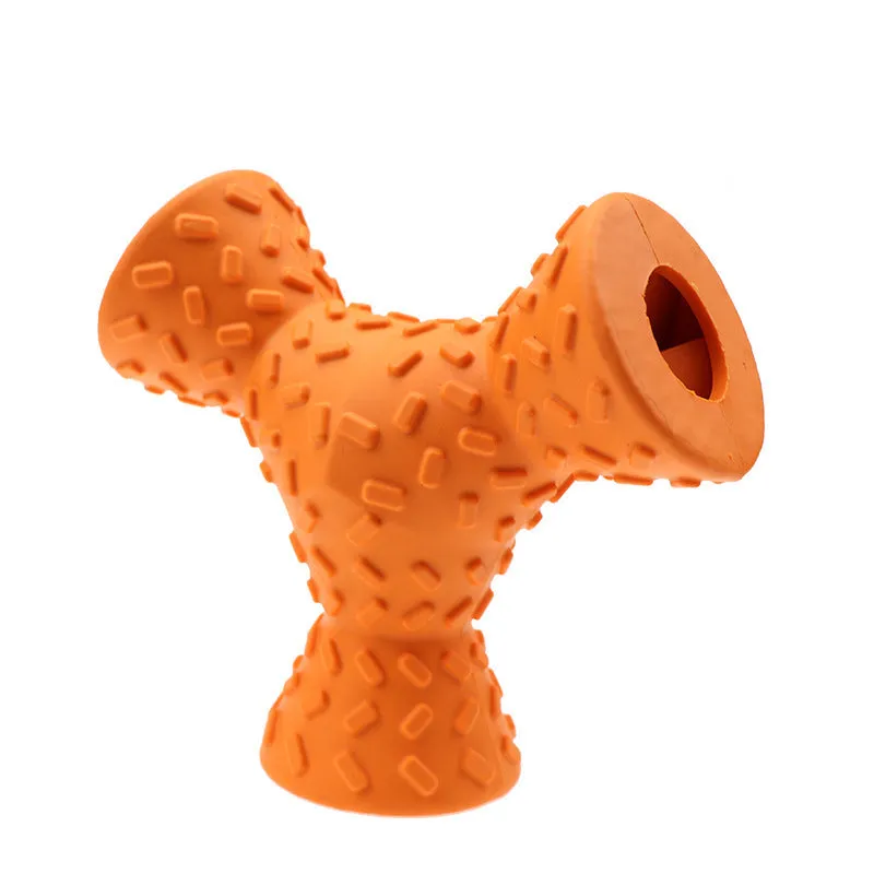 Trihedron dog treat dispensing toy in blue on a plain background