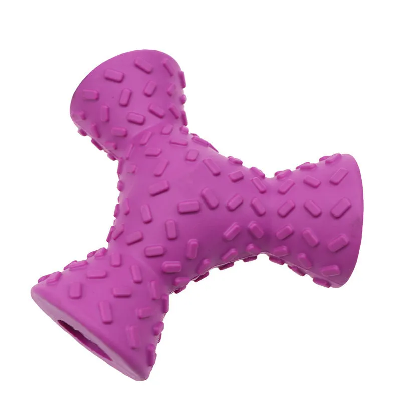 Trihedron dog treat dispensing toy in blue on a plain background