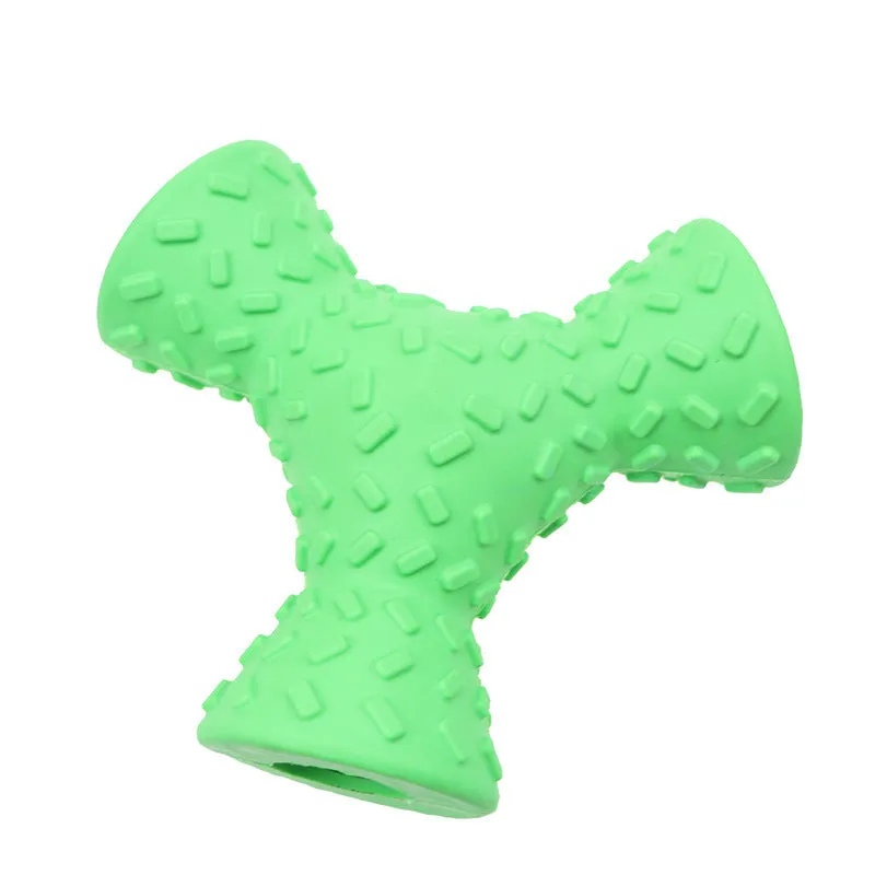 Trihedron dog treat dispensing toy in blue on a plain background