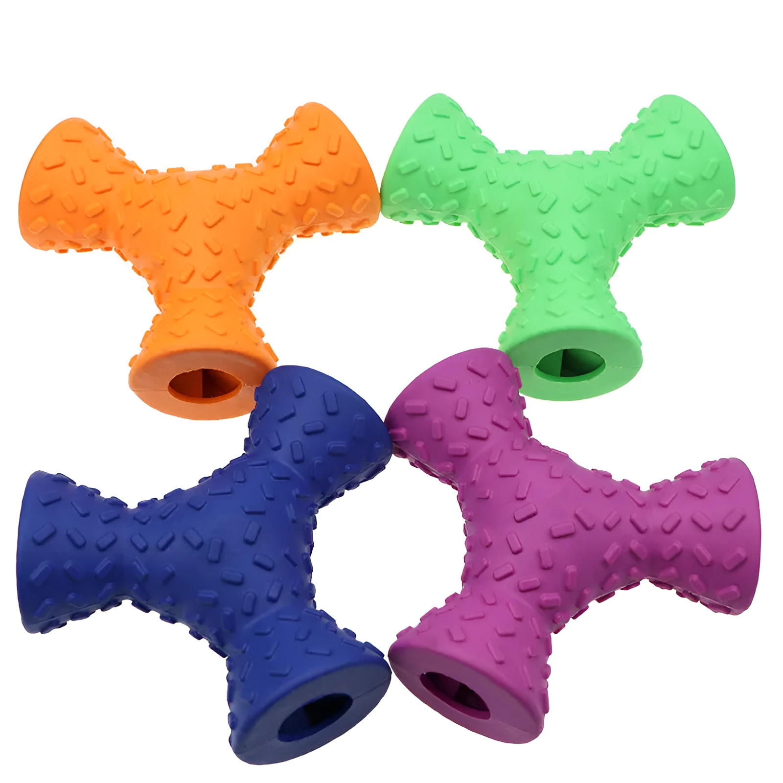 Trihedron dog treat dispensing toy in blue on a plain background