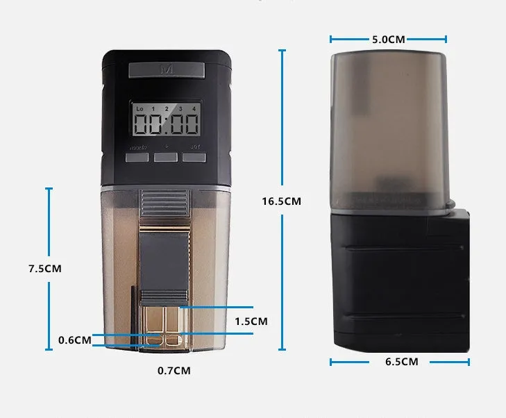 Black automatic fish feeder with timer, 175ml capacity, fixed clamp and velcro strap for tank installation