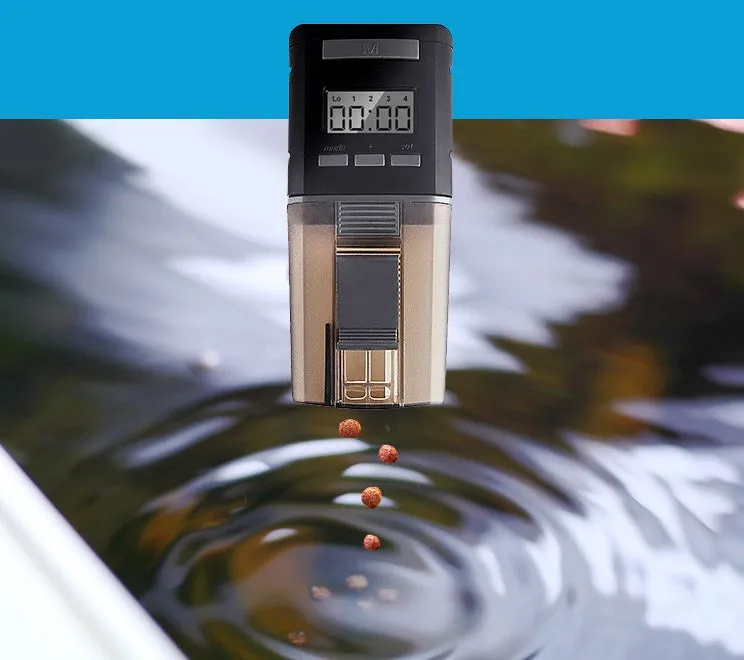 Black automatic fish feeder with timer, 175ml capacity, fixed clamp and velcro strap for tank installation