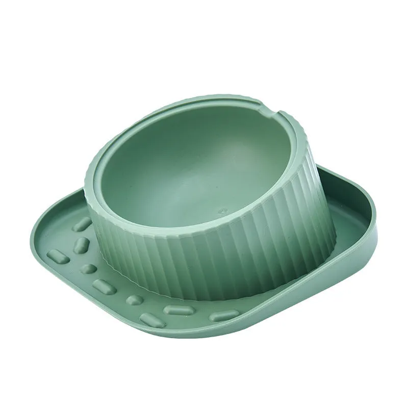 Green ceramic cat bowl with wide mouth design on PP base for neck protection