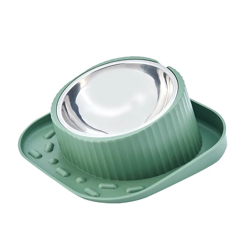Green ceramic cat bowl with wide mouth design on PP base for neck protection