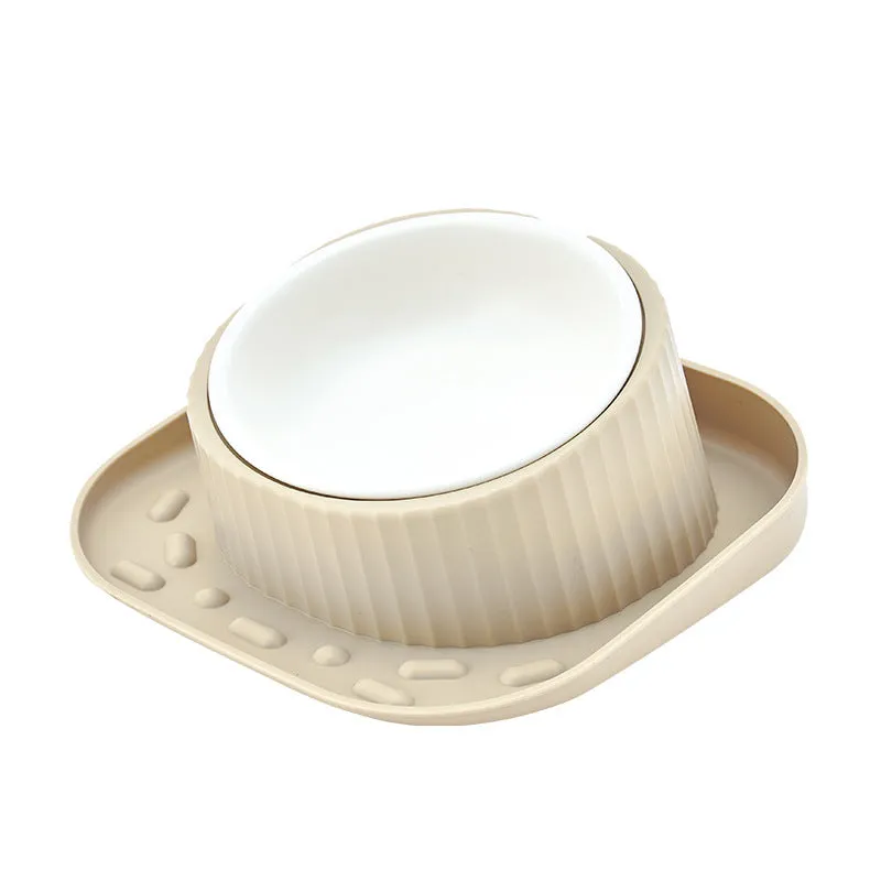 Green ceramic cat bowl with wide mouth design on PP base for neck protection