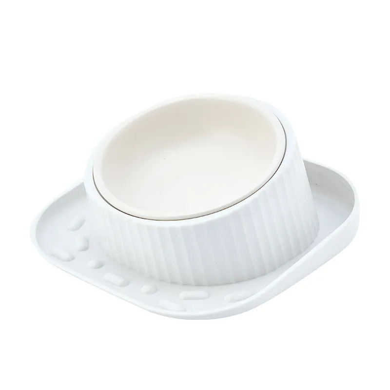Green ceramic cat bowl with wide mouth design on PP base for neck protection