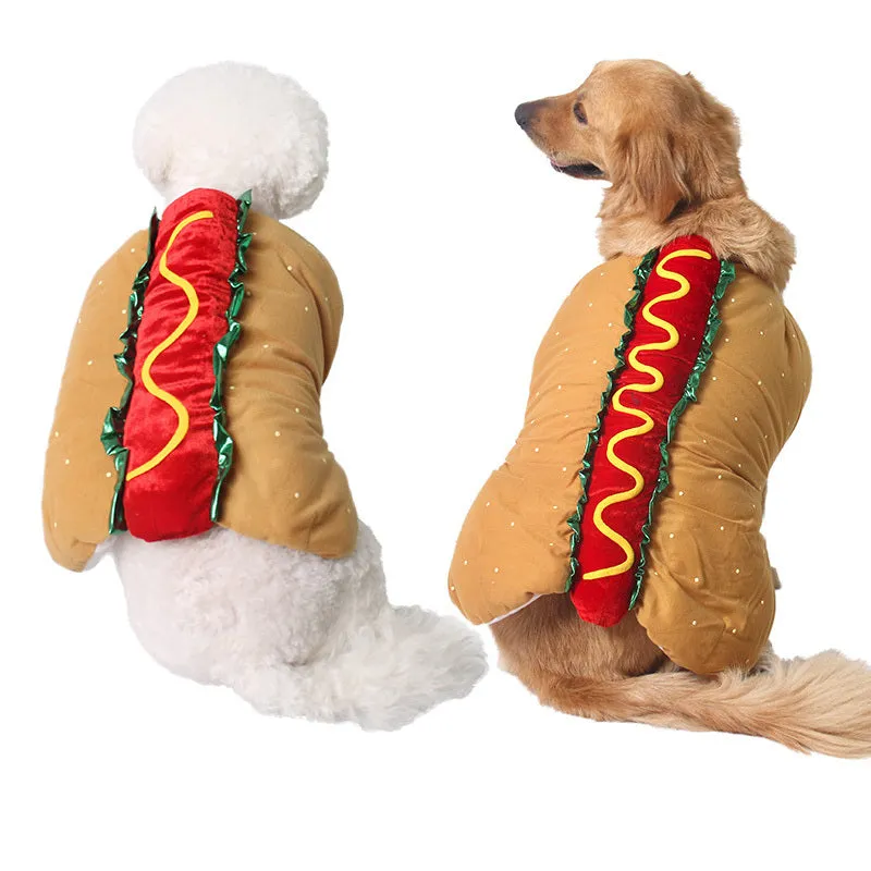 Pet dog or cat in a hot dog sandwich costume with magic stickers, XS to XXL sizes