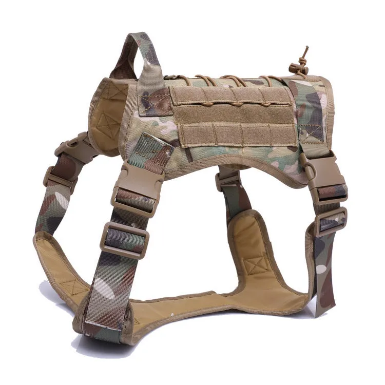 Tactical nylon dog vest with adjustable straps in army green on outdoor backdrop