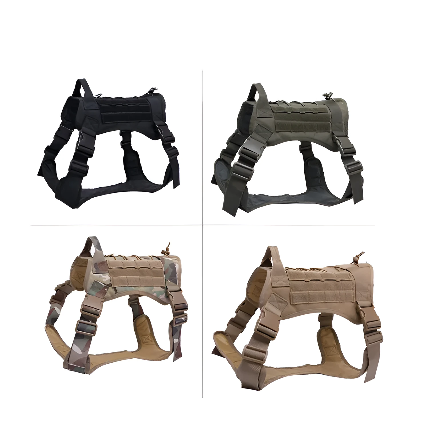 Tactical nylon dog vest with adjustable straps in army green on outdoor backdrop