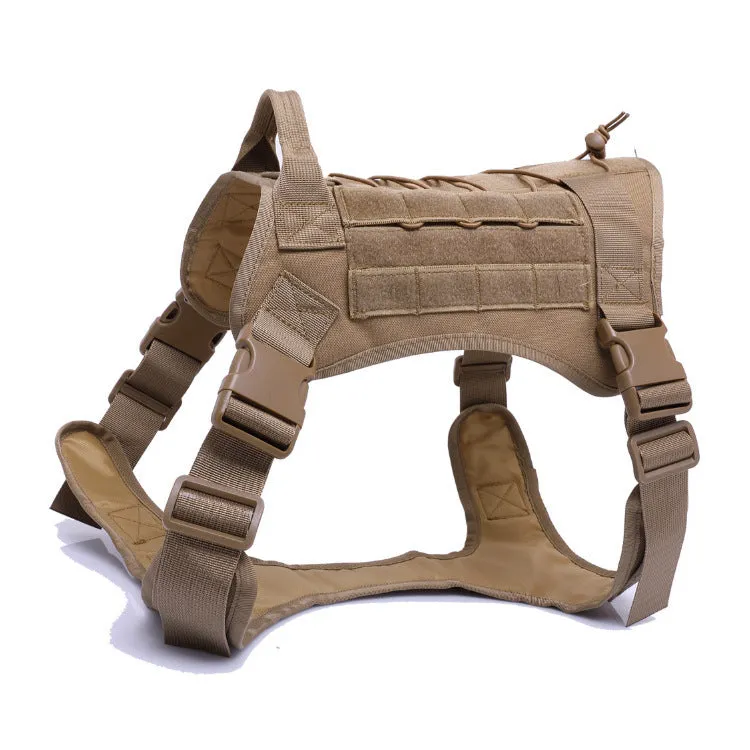 Tactical nylon dog vest with adjustable straps in army green on outdoor backdrop