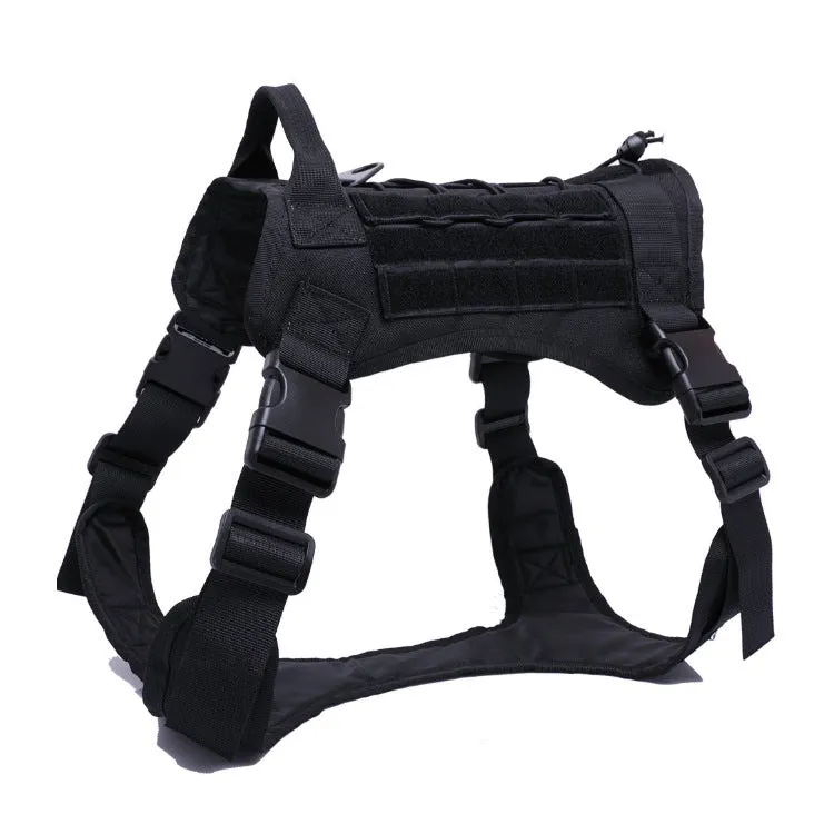 Tactical nylon dog vest with adjustable straps in army green on outdoor backdrop