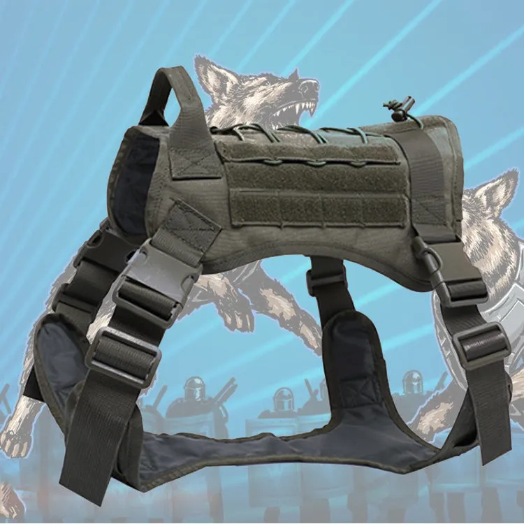 Tactical nylon dog vest with adjustable straps in army green on outdoor backdrop