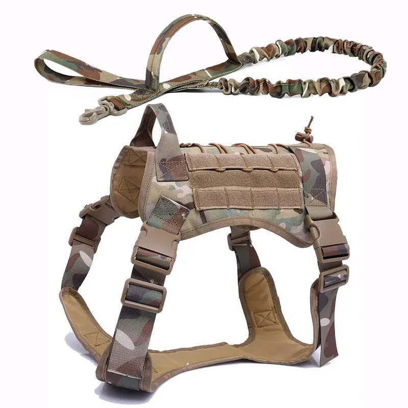Tactical nylon dog vest with adjustable straps in army green on outdoor backdrop