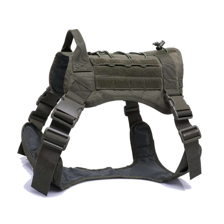 Tactical nylon dog vest with adjustable straps in army green on outdoor backdrop