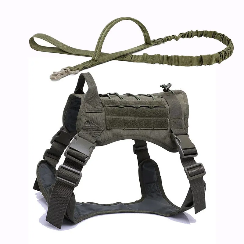Tactical nylon dog vest with adjustable straps in army green on outdoor backdrop